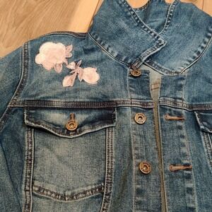 Billy‎ T Distressed and Floral Embroidered Jean Jacket, Denim, 3X